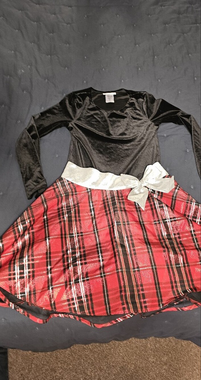 Bonnie Jean Black Top with Red Plaid Skirt and Silver Bow